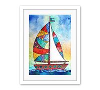 Artery8 Sailboat With Flower Pattern Folk Art Artwork Framed Wall Art Print 18X24 Inch