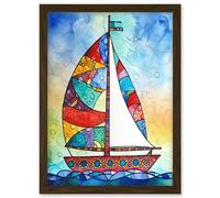 Artery8 Sailboat With Flower Pattern Folk Art Artwork Framed Wall Art Print A4