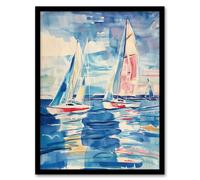 Artery8 Sailboats at Sea Oil Painting Nautical Seascape Framed Art Print in Blue | Size: A4 Artery8 Blue A4