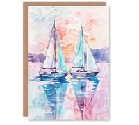 Artery8 Sailboats at Sunset Seascape Watercolour Painting Birthday Art Card Artery8 Multicolor