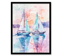 Artery8 Sailboats at Sunset Seascape Watercolour Painting Framed Art Print | Size: W12" x H16" Artery8 Multicolor W12" x H16"