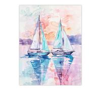 Artery8 Sailboats at Sunset Seascape Watercolour Painting Wall Art Print | Size: W12" x H16" Artery8 Multicolor W12" x H16"