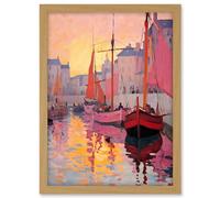 Artery8 Sailboats Reflecting in Harbour Water Pink Orange Sunset Oil Painting Anchoring by Promenade Artwork Framed A3 Wall Art Print