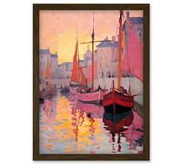 Artery8 Sailboats Reflecting in Harbour Water Pink Orange Sunset Oil Painting Anchoring by Promenade Artwork Framed Wall Art Print A4