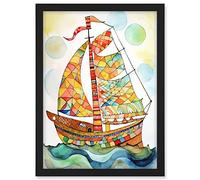 Artery8 Sailing Ship At Sunrise Folk Art Artwork Framed A3 Wall Art Print