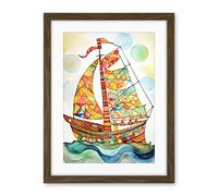 Artery8 Sailing Ship At Sunrise Folk Art Artwork Framed Wall Art Print 18X24 Inch