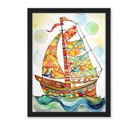 Artery8 Sailing Ship At Sunrise Folk Art Artwork Framed Wall Art Print 18X24 Inch