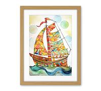 Artery8 Sailing Ship At Sunrise Folk Art Artwork Framed Wall Art Print 18X24 Inch
