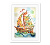 Artery8 Sailing Ship At Sunrise Folk Art Artwork Framed Wall Art Print 18X24 Inch
