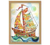 Artery8 Sailing Ship At Sunrise Folk Art Artwork Framed Wall Art Print A4