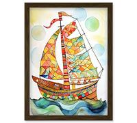 Artery8 Sailing Ship At Sunrise Folk Art Artwork Framed Wall Art Print A4