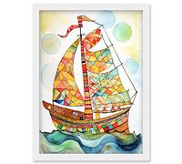 Artery8 Sailing Ship At Sunrise Folk Art Artwork Framed Wall Art Print A4
