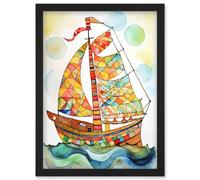 Artery8 Sailing Ship At Sunrise Folk Art Artwork Framed Wall Art Print A4
