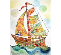 Artery8 Sailing Ship At Sunrise Folk Art Extra Large XL Wall Art Poster Print