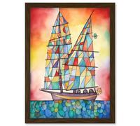 Artery8 Sailing Ship At Sunset Folk Art Artwork Framed Wall Art Print A4 in Brown Artery8 Brown