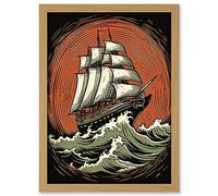Artery8 Sailing Ship in Rough Sea Waves Retro Rockabilly Americana 50s Artwork Framed A3 Wall Art Print