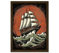 Artery8 Sailing Ship in Rough Sea Waves Retro Rockabilly Americana 50s Artwork Framed A3 Wall Art Print