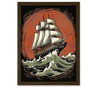 Artery8 Sailing Ship in Rough Sea Waves Retro Rockabilly Americana 50s Artwork Framed Wall Art Print A4