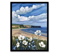 Artery8 Saltburn Hunt Cliff Yorkshire Wildflowers Digital Framed Art Print in Blue | Size: A4 Artery8 Blue A4