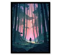 Artery8 Samurai Master in Bamboo Forest at Dawn Concept Painting Pastel Colour Pink Blue Green Warrior Practicing Martial Arts in Serene Landscape at Sunrise Artwork Framed Wall Art Print A4