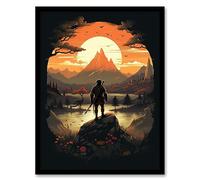 Artery8 Samurai Master Looking at Sunset Horizon Dramatic Painting Black Orange Cherry Blossoms Flowers and Pine Trees in Japanese Mountain Lake Landscape Artwork Framed Wall Art Print A4