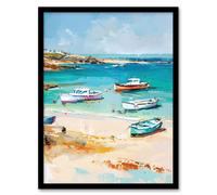 Artery8 Sandy Beach Bay Fishing Boats Coastal Landscape Framed Art Print in Blue | Size: W12" x H16" Artery8 Blue W12" x H16"