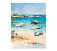 Sandy Beach Bay Fishing Boats Coastal Landscape Wall Art Print Artery8 Blue W24 inch x H32 inch