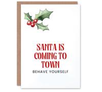 Artery8 Santa Coming To Town Behave Yourself Funny Christmas Greeting Card in Red Artery8 Red