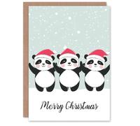 Artery8 Santa Hat Dancing Panda Bear Trio Cute Cartoon For Child Kids Christmas Card