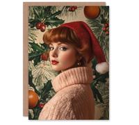 Artery8 Santa Hat Redhead Holly Bauble Portrait Blank For Him Or Her Art Xmas Festive Christmas Card