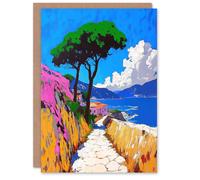 Artery8 Greeting Card Santorini Greece Coastal Path Colourful Landscape Blank For Him Or Her Art Birthday Card