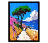Artery8 Santorini Greece Coastal Path Colourful Landscape Framed Art Print in Blue | Size: W12" x H16" Artery8 Blue W12" x H16"