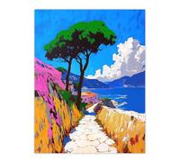 Artery8 Santorini Greece Coastal Path Colourful Landscape Wall Art Print in Blue | Size: W12" x H16" Artery8 Blue W12" x H16"