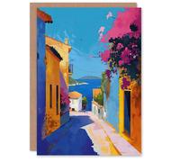 Artery8 Santorini Seaside Coastal Town Painting Colourful Birthday Art Card Artery8 Multicolor