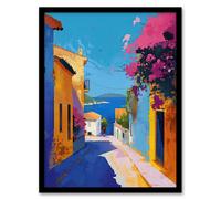 Artery8 Santorini Seaside Coastal Town Painting Colourful Bathroom Toilet Artwork Framed Wall Art Print A4
