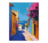 Artery8 Santorini Seaside Coastal Town Painting Colourful Wall Art Print | Size: W12" x H16" Artery8 Multicolor W12" x H16"