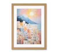 Artery8 Santorini Whitewashed Buildings Pastel Colour Oil Painting Orange Pink Blue Sunrise Fira Coastal City Artwork Framed Wall Art Print 18X24 Inch