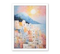 Artery8 Santorini Whitewashed Buildings Pastel Colour Oil Painting Orange Pink Blue Sunrise Fira Coastal City Artwork Framed Wall Art Print 18X24 Inch