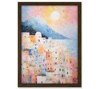 Artery8 Santorini Whitewashed Buildings Pastel Colour Oil Painting Orange Pink Blue Sunrise Fira Coastal City Artwork Framed A3 Wall Art Print