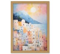 Wall Art Print Santorini Whitewashed Buildings Pastel Colour Oil Painting Orange Pink Blue Sunrise Fira Coastal City Artwork Framed A4 Artery8 Light Oak A4