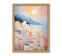 Artery8 Santorini Whitewashed Buildings Pastel Colour Oil Painting Orange Pink Blue Sunrise Fira Coastal City Artwork Framed Wall Art Print 18X24 Inch