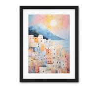 Artery8 Santorini Whitewashed Buildings Pastel Colour Oil Painting Orange Pink Blue Sunrise Fira Coastal City Artwork Framed Wall Art Print 18X24 Inch