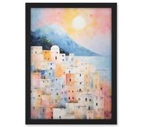 Artery8 Santorini Whitewashed Buildings Pastel Colour Oil Painting Orange Pink Blue Sunrise Fira Coastal City Artwork Framed A3 Wall Art Print