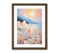 Artery8 Santorini Whitewashed Buildings Pastel Colour Oil Painting Orange Pink Blue Sunrise Fira Coastal City Artwork Framed Wall Art Print 18X24 Inch