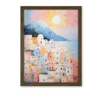 Artery8 Santorini Whitewashed Buildings Pastel Colour Oil Painting Orange Pink Blue Sunrise Fira Coastal City Artwork Framed Wall Art Print 18X24 Inch