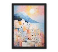 Artery8 Santorini Whitewashed Buildings Pastel Colour Oil Painting Orange Pink Blue Sunrise Fira Coastal City Artwork Framed Wall Art Print 18X24 Inch