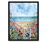 Artery8 Sardinia Shore Beach Flowers Coastal Watercolour Framed Art Print in Blue | Size: W12" x H16" Artery8 Blue W12" x H16"