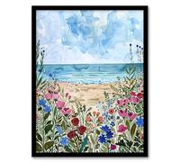 Artery8 Sardinia Shore Beach Flowers Coastal Watercolour Living Room Artwork Framed Wall Art Print 18X24 Inch