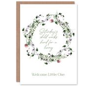 Artery8 Saturday's Child Works Hard Floral Wreath New Baby Card in White Artery8 White