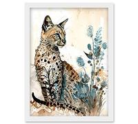 Savannah Cat and Wildflowers Modern Watercolour and Ink Illustration Artwork Framed Wall Art Print A4 Artery8 White One Size
